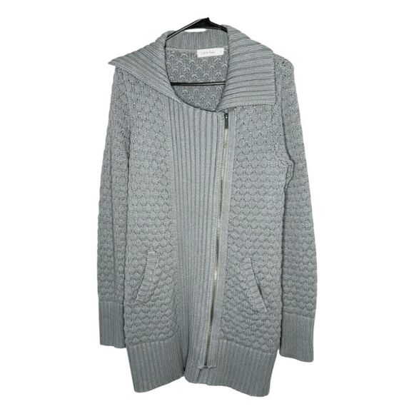 Calvin Klein Chunky Knit Cardigan Sweater Gray Cotton Zip Front Soft M - Picture 1 of 9